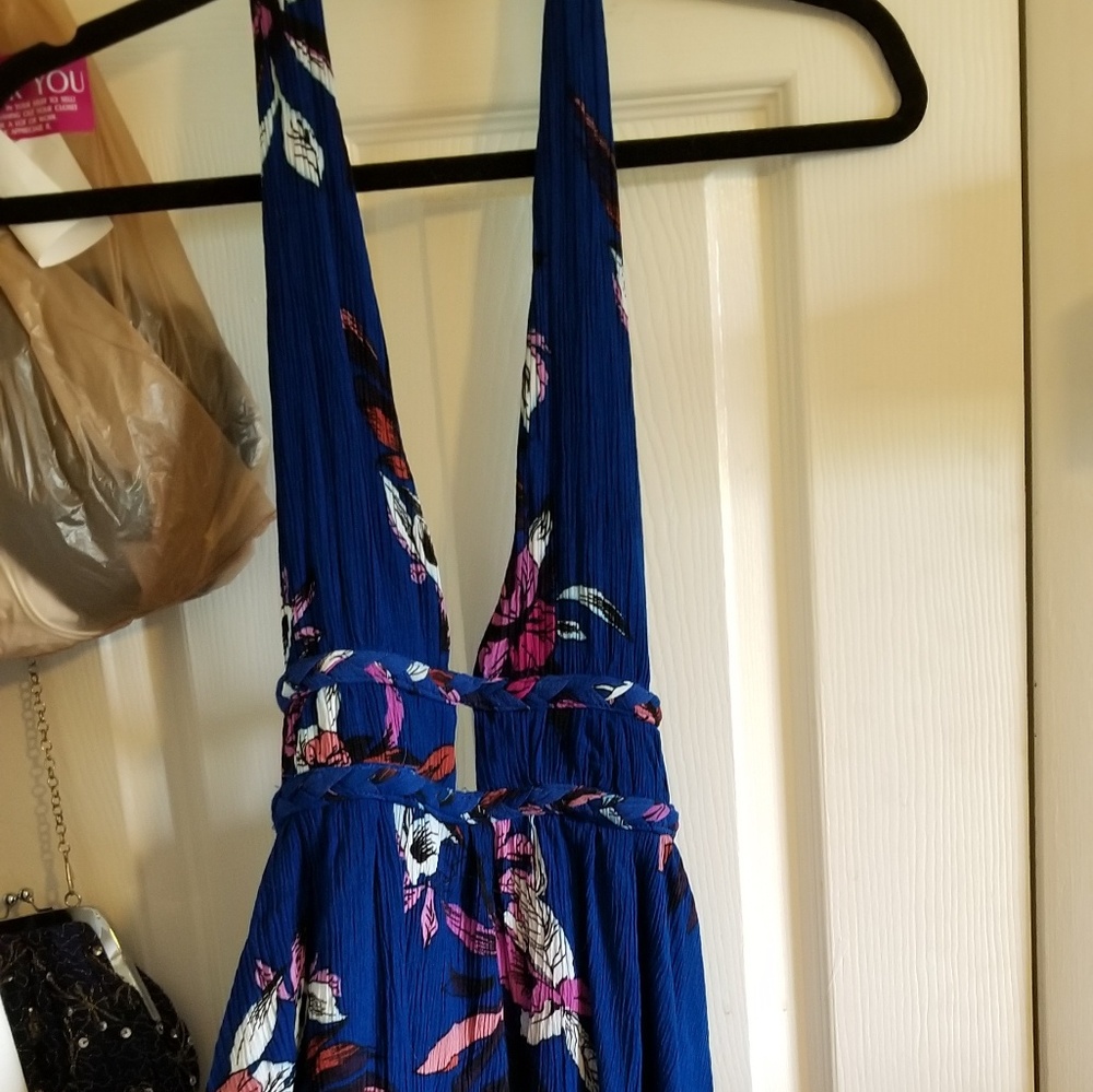 Dainty Hooligan low cut open back blue halter dres